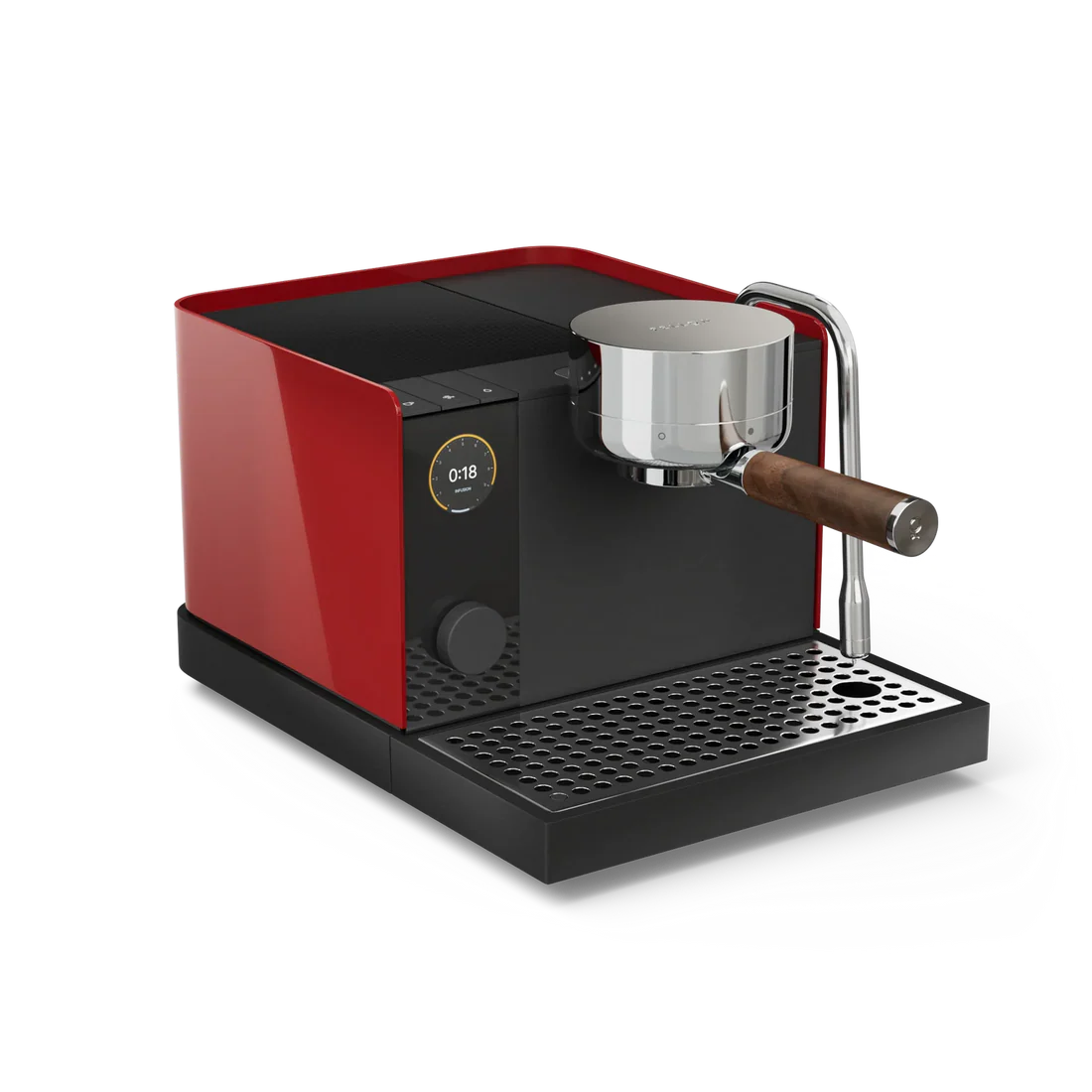 Red and black fellow series 1 espresso machine with a milk frothing pitcher on a white background