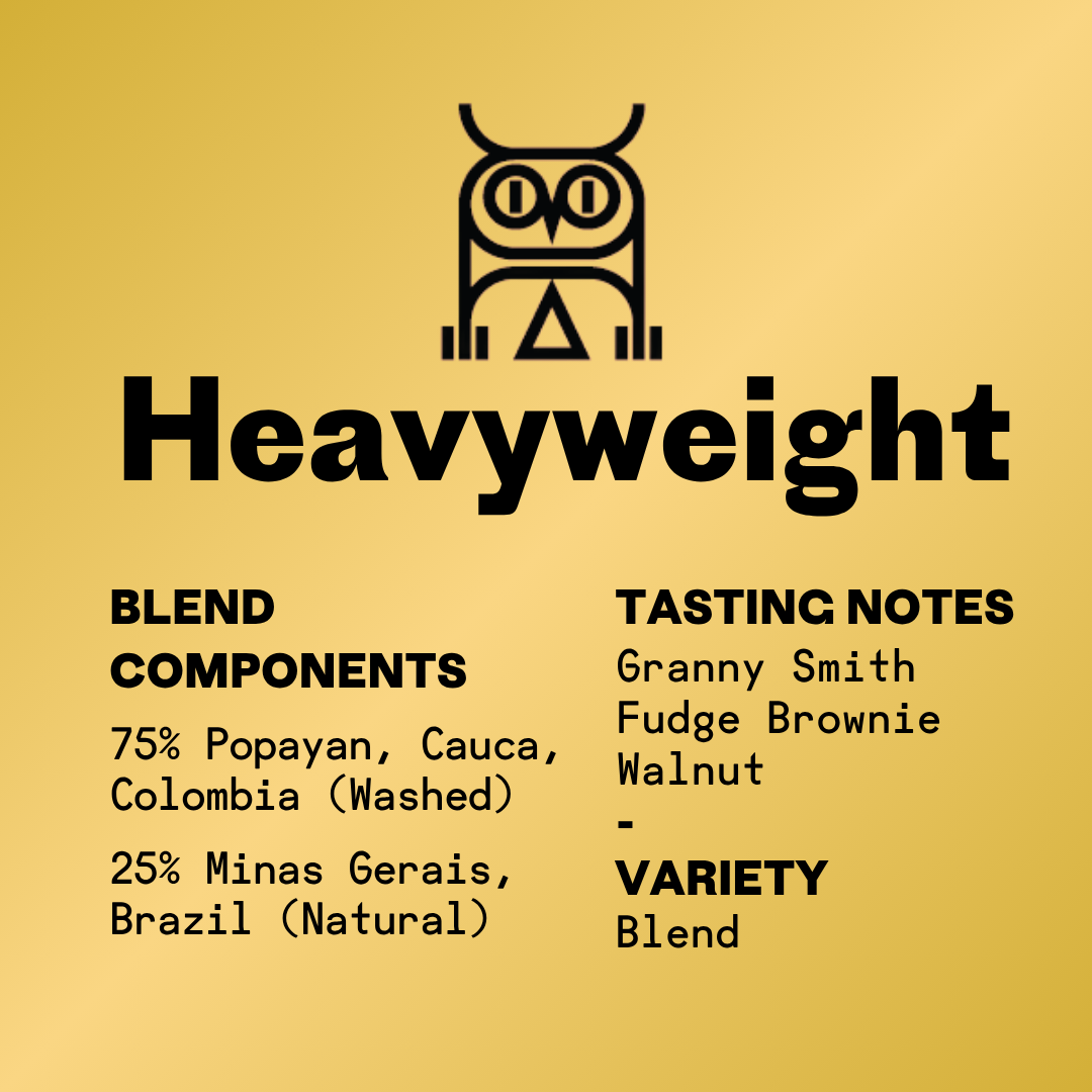 Medium Roast coffee blend label heavyweight bold and chocolatey from Colombia and Brazil with notes of Granny Smith, fudge brownie, and walnut