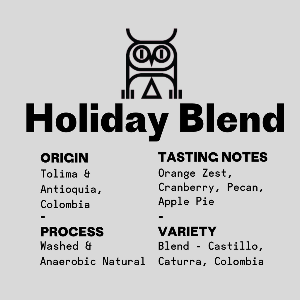 Holiday Blend Second State Coffee whole bean coffee label.  Text includes origin: Colombia; tasting notes: orange zest, cranberry, pecan, apple pie; process: washed and anaerobic natural