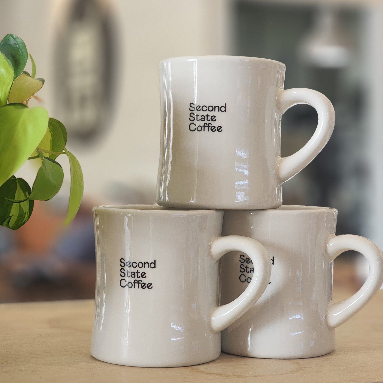 3 staged diner mugs on counter - Second State Coffee