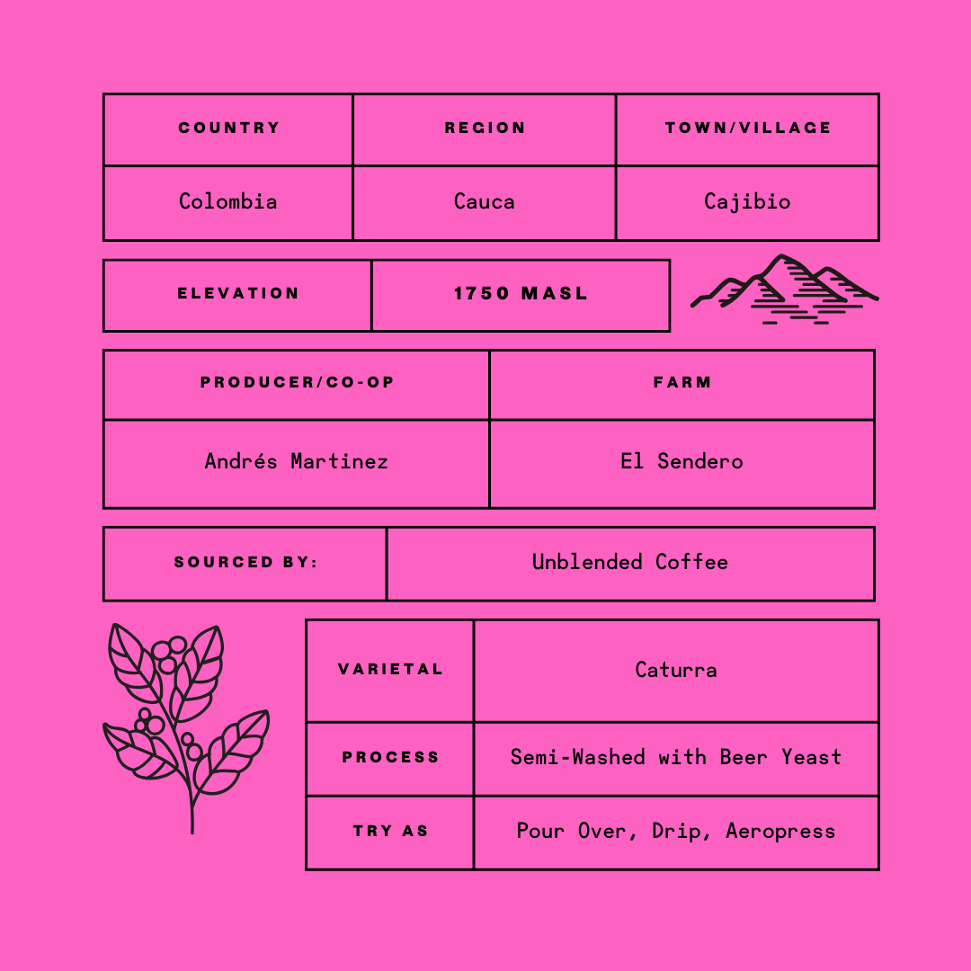Coffee label with detailed information on a pink background