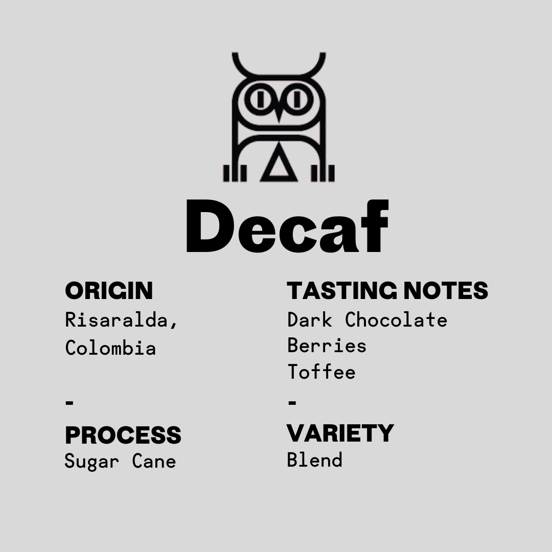 Decaf coffee bag text description reads origin risaralda, Colombia. process: sugar cane. tasting notes: dark chocolate, berries, toffee. variety: blend