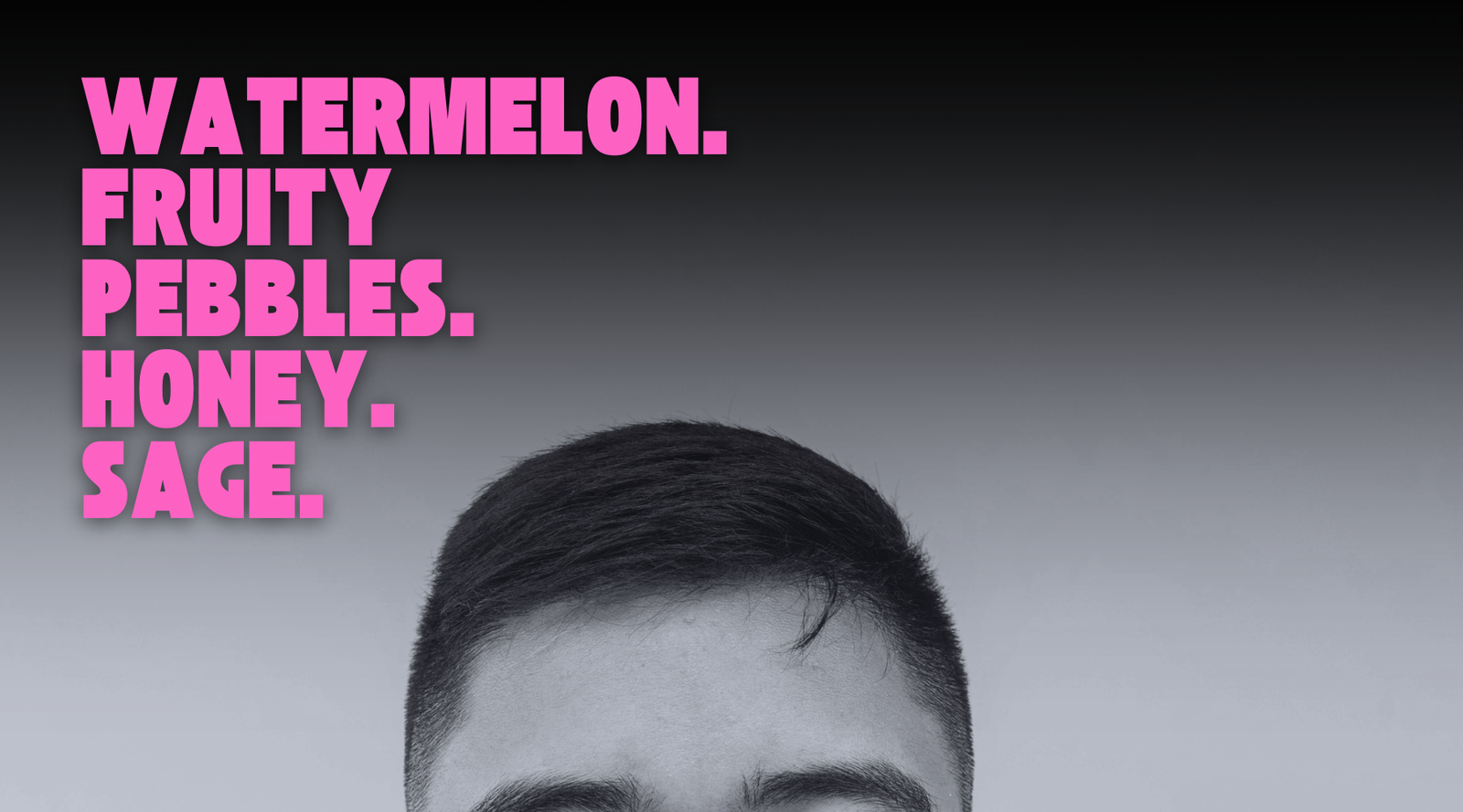 Black and white portrait of Andres Martinez Unblended Coffee El Sendero with pink text listing coffee flavor notes of watermelon, fruity pebbles, honey, sage