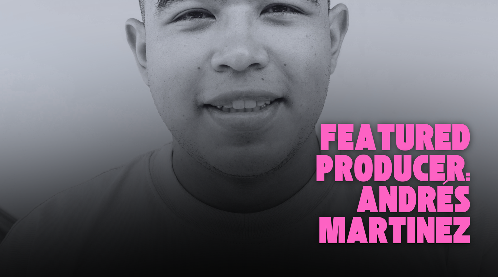 Black and white portrait of coffee producer Andres Martinez Unblended El Sendero with text 'Featured Producer, Andres Martinez' in pink
