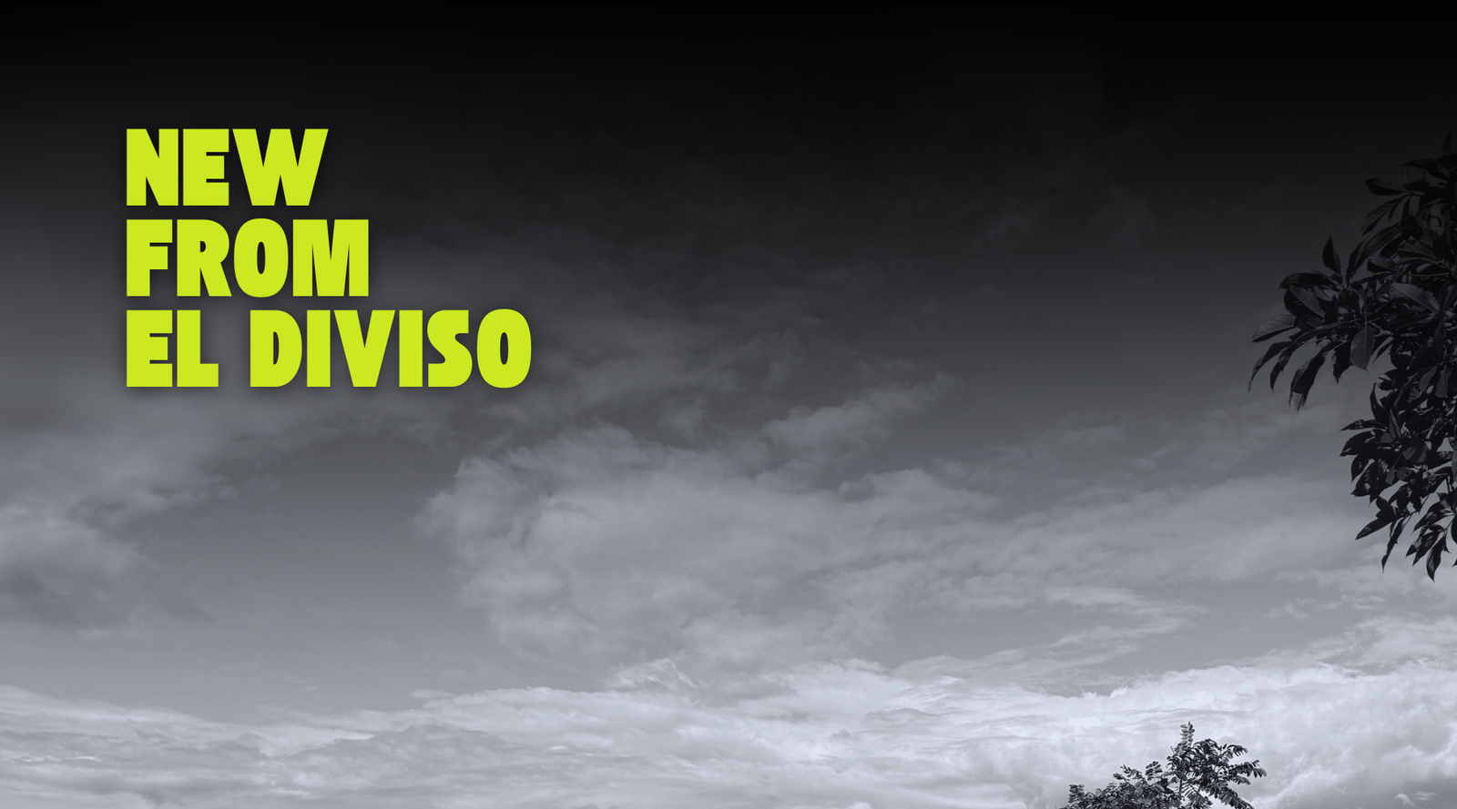 Dark sky with clouds and trees, featuring green yellow text 'NEW FROM EL DIVISO'.