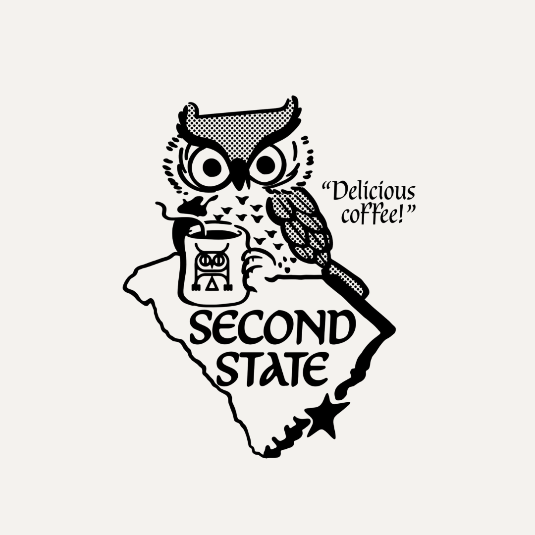 Black and white illustration of an owl holding a coffee cup with 'Second State' branding.