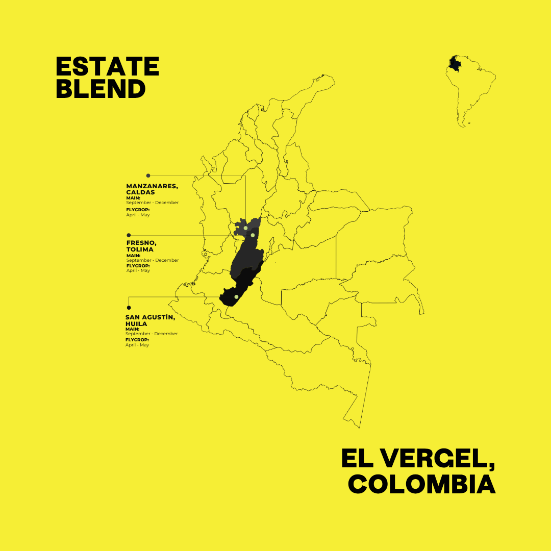 Map of Colombia with El Vergel highlighted on a yellow background, featuring the text 'Estate Blend' and 'El Vergel, Colombia'.