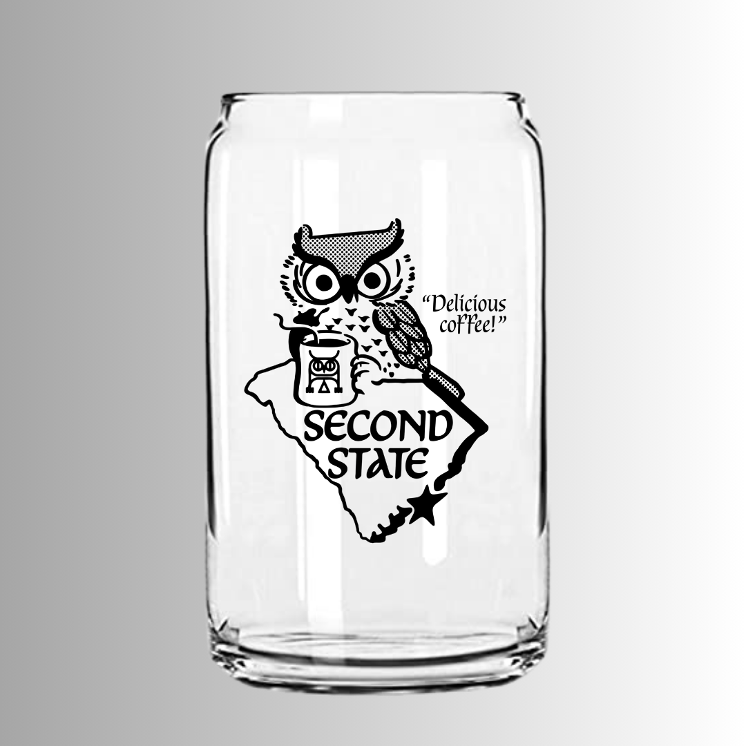 Clear glass tumbler with an owl design and 'Second State' text on a white background