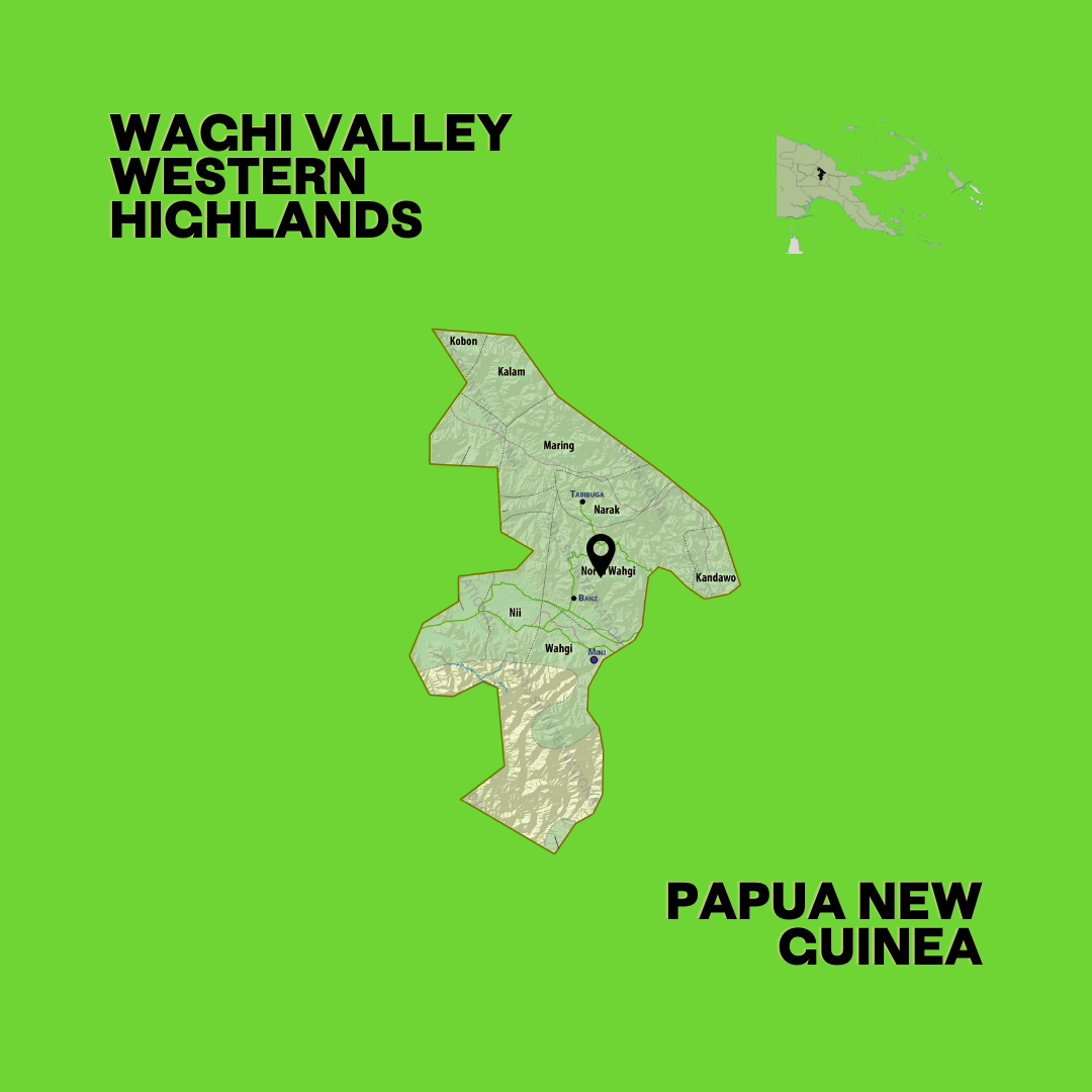 map of Papua New Guinea coffee region marking Waghi Valley and Western Highlands