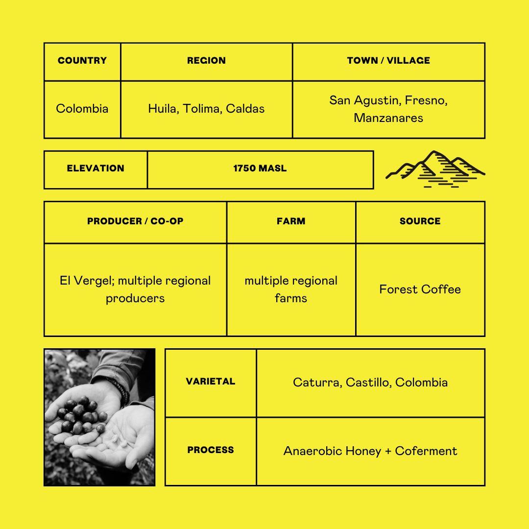 A yellow informational table with black borders and text about coffee from Colombia, including country, region, town/village, elevation, producer/co-op, farm, source, varietal, and processing details. A small black line drawing of mountains appears on the right, and a small black-and-white photo of hands holding coffee cherries appears in the lower left.